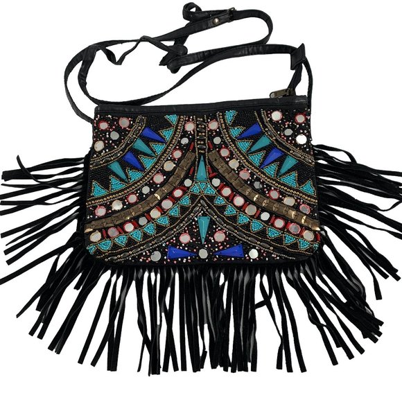 Vintage Crown Beaded Fringe Purse Hand Shoulder Bag Black Sparkle Boho Flaw - Picture 1 of 13